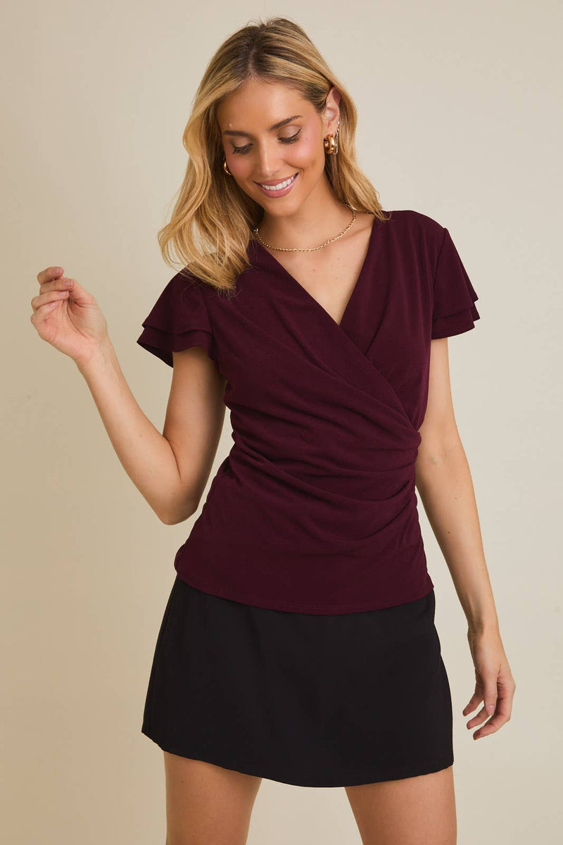 Wine V Neck Ruffle Top