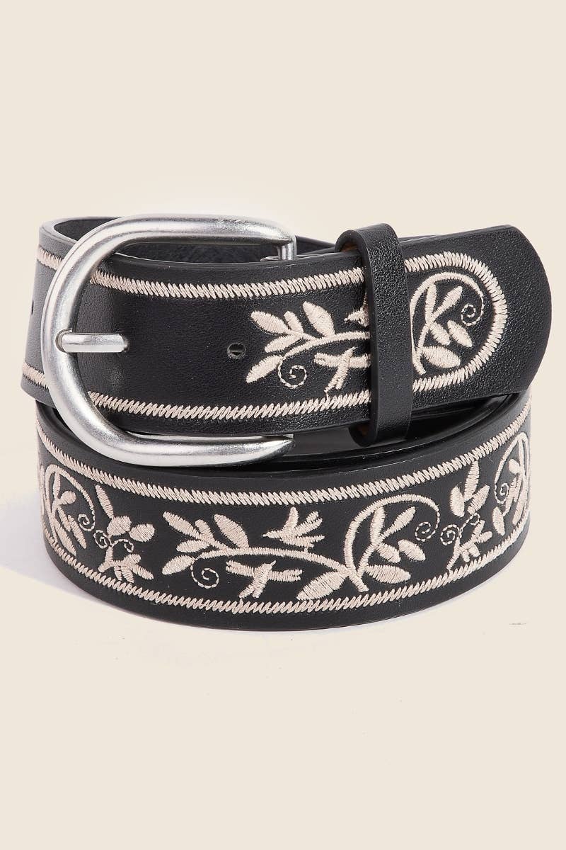 Floral Embroidered Pattern Faux Leather Black Belt