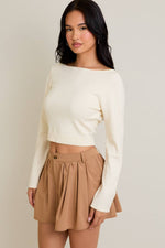 Boat Neck Back Tie Fitted Sweater Top