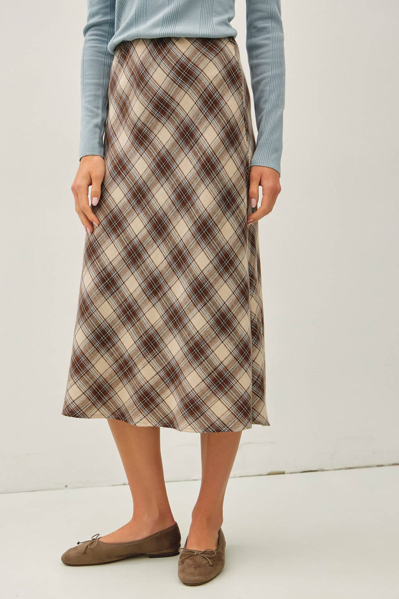 Brown Irish Plaid Print Midi Skirt