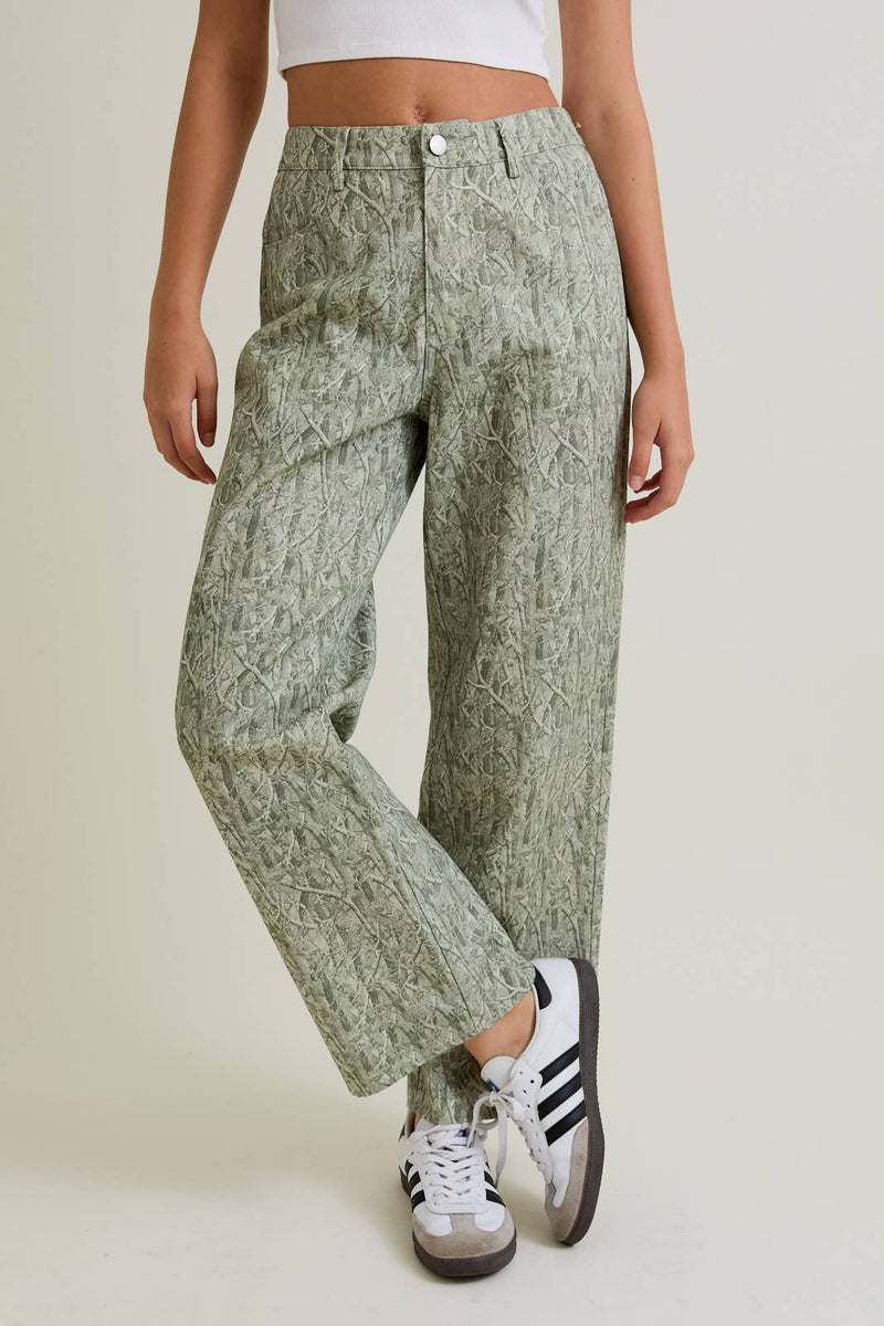Mid-Rise Tree Camo Pattern Wide Leg Pants
