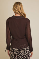 Chocolate Brown V-Neck Button Up Top W Bow Detail
