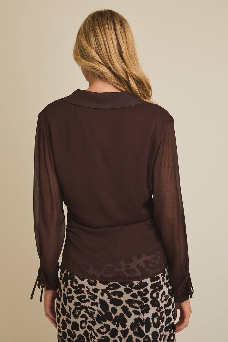 Chocolate Brown V-Neck Button Up Top W Bow Detail