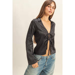 Black Satin Tie-Front Blouse