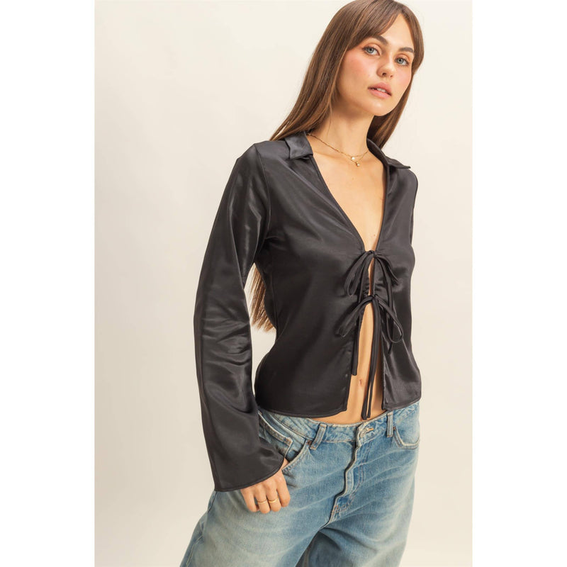 Black Satin Tie-Front Blouse