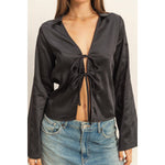 Black Satin Tie-Front Blouse
