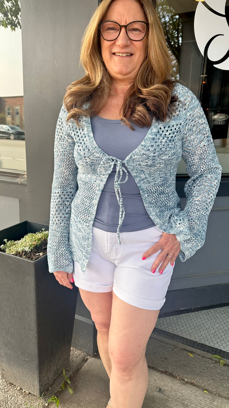 Blue Crochet Front Tie Cardigan