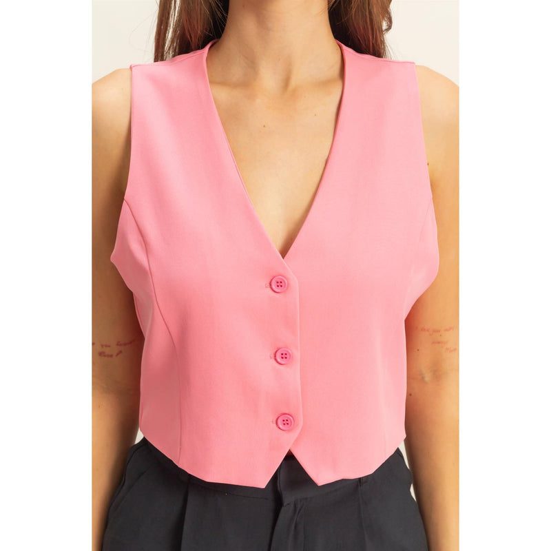 Pink Sleeveless V-Neck Hidden Button Vest