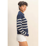 Navy/Cream Striped Half Zip Sweater