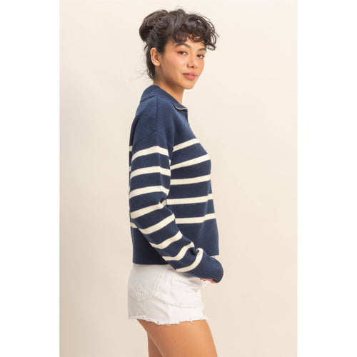 Navy/Cream Striped Half Zip Sweater