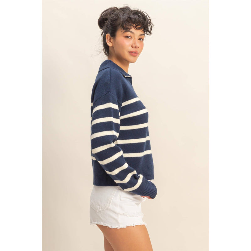 Navy/Cream Striped Half Zip Sweater