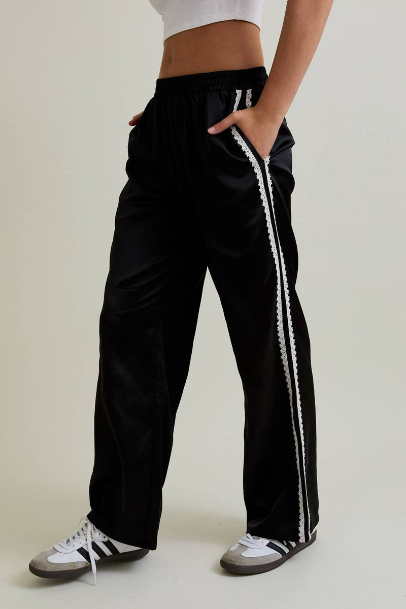 Satin Black Pants w/ Lace Trim