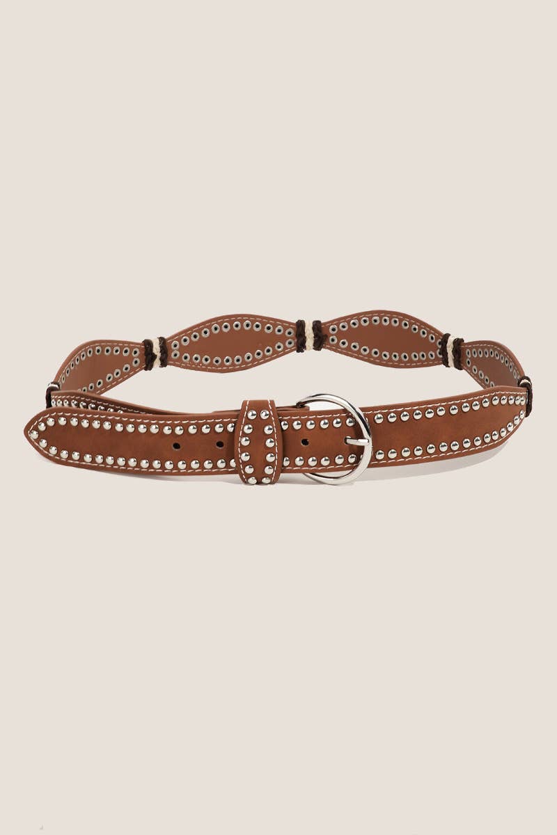 Studded Western Trim Faux Leather Brown Wavy Belt