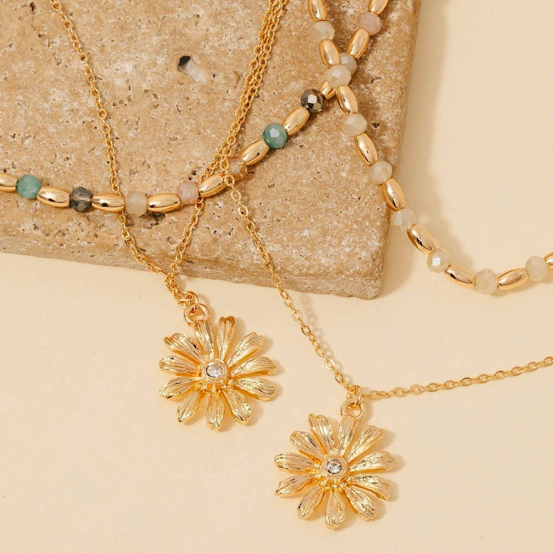 Flower Pendant Mixed Beaded Layered Necklace \ White or Teal