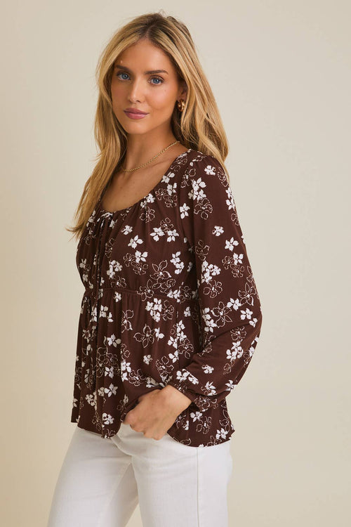 Brown Cream Floral Tie Top