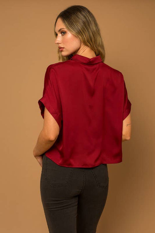 Wine Red Satin Boxy Button Down Blouse