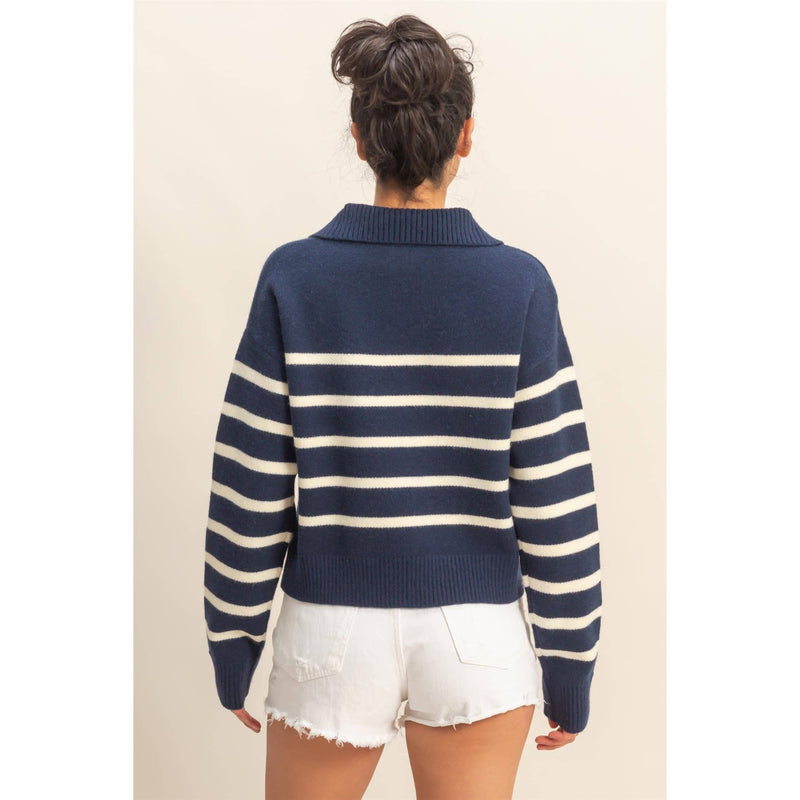 Navy/Cream Striped Half Zip Sweater