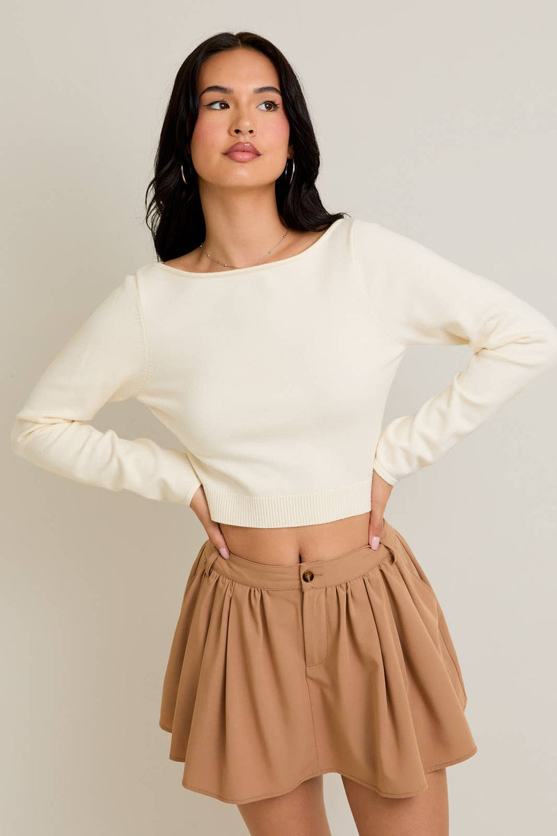 Boat Neck Back Tie Fitted Sweater Top