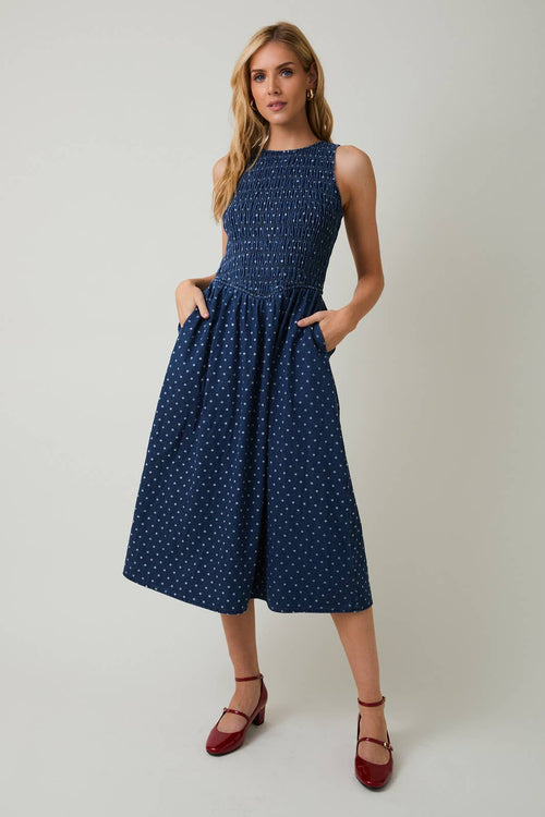 Smocked Polka Dot Denim Midi Dress