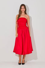 Strapless Low Waist Cinched Midi Dress