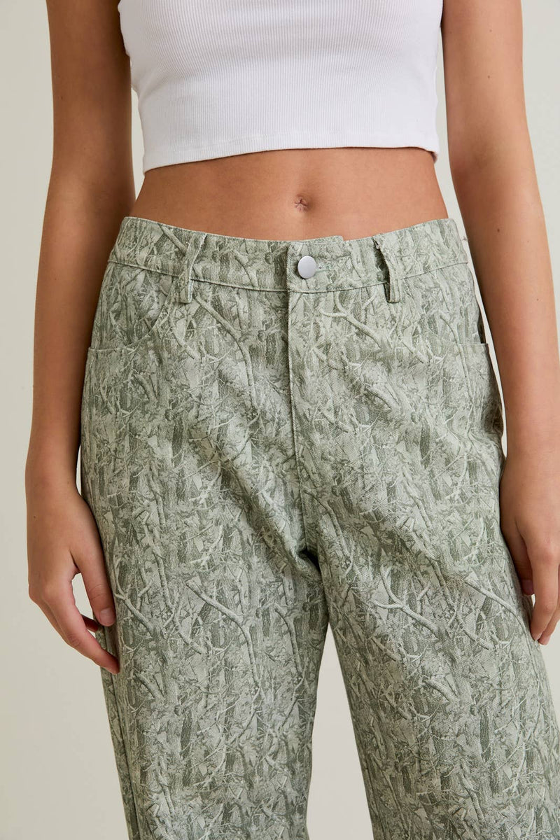 Mid-Rise Tree Camo Pattern Wide Leg Pants