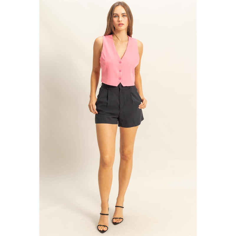 Pink Sleeveless V-Neck Hidden Button Vest