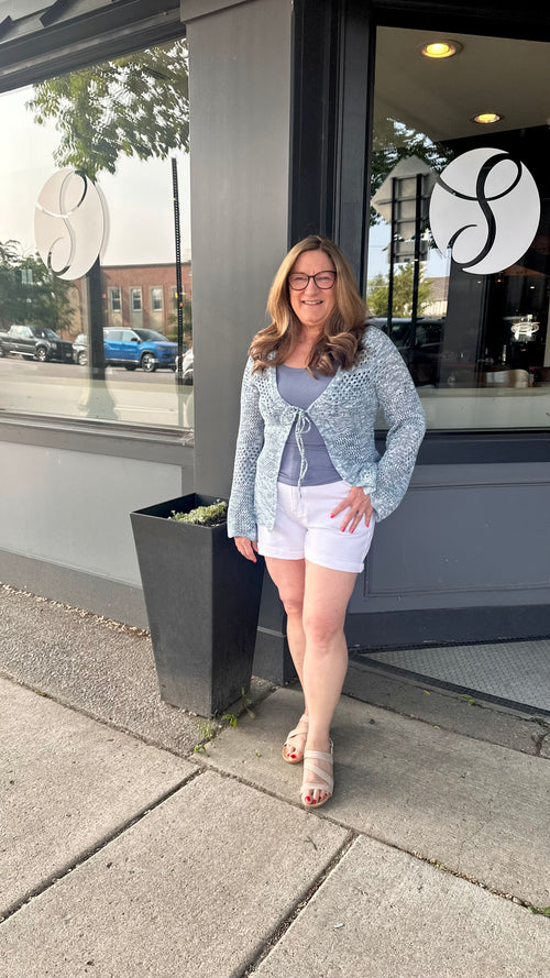 Blue Crochet Front Tie Cardigan