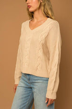 Taupe V-neck Cable Knit Sweater