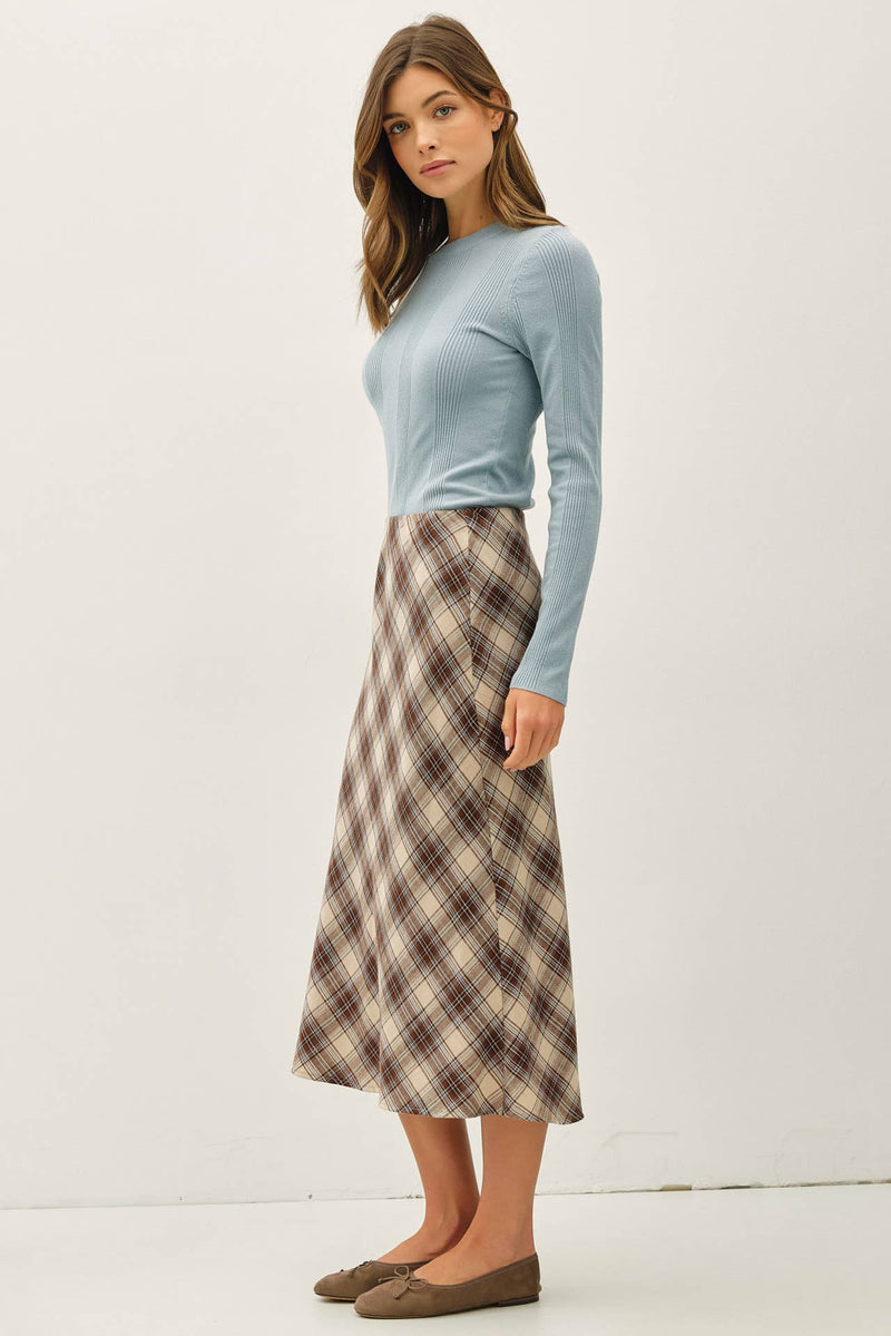 Brown Irish Plaid Print Midi Skirt