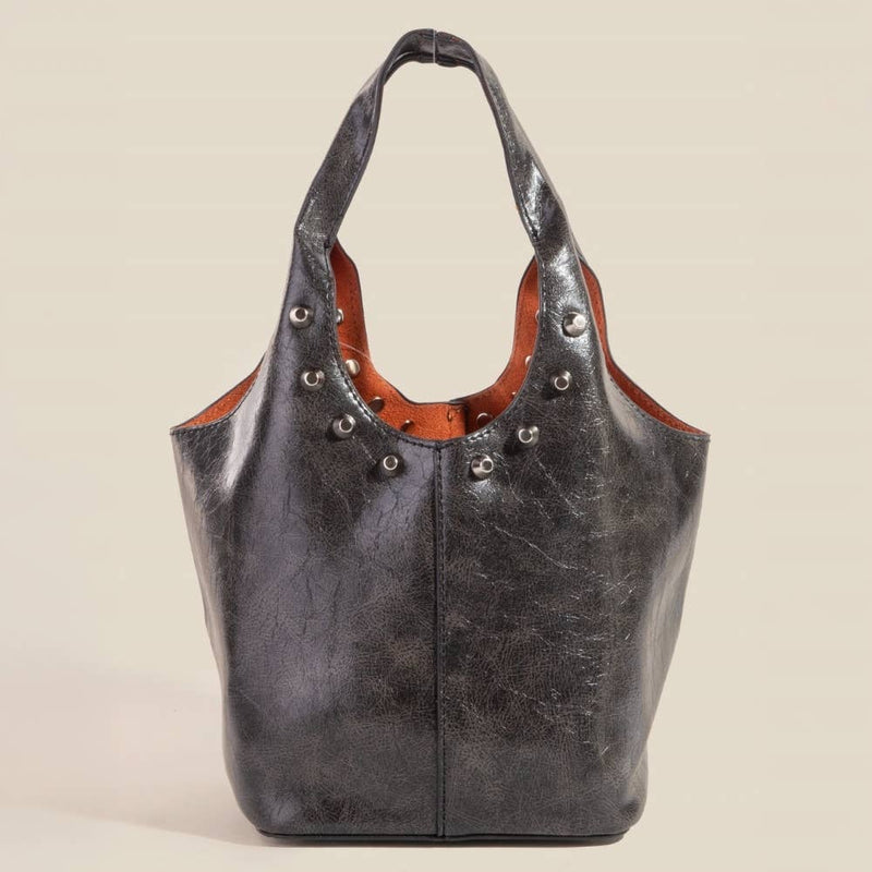 Black Weathered Faux Leather/Studs Bucket Bag