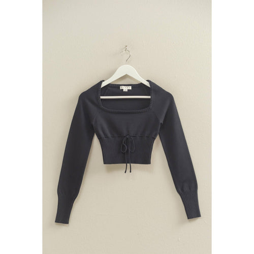 Black Drawstring Detailed Sweater Crop Top