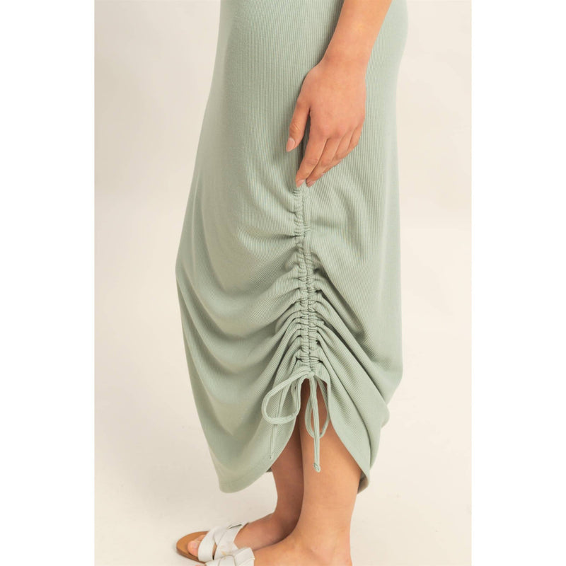 Sage Green Scoop Neck Side Tie Detail Midi Dress
