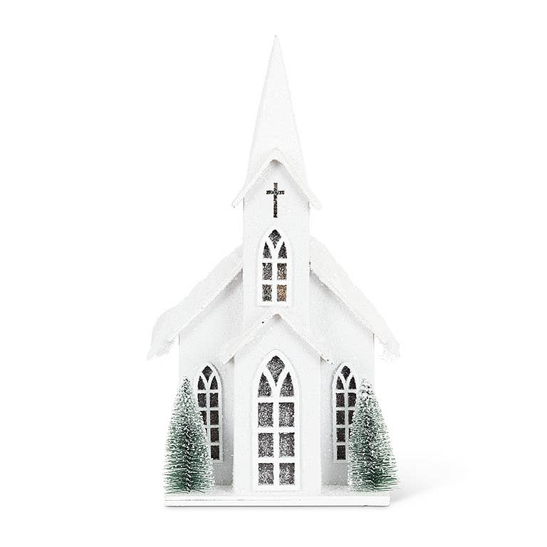 Medium Snowy Tall Church with LED