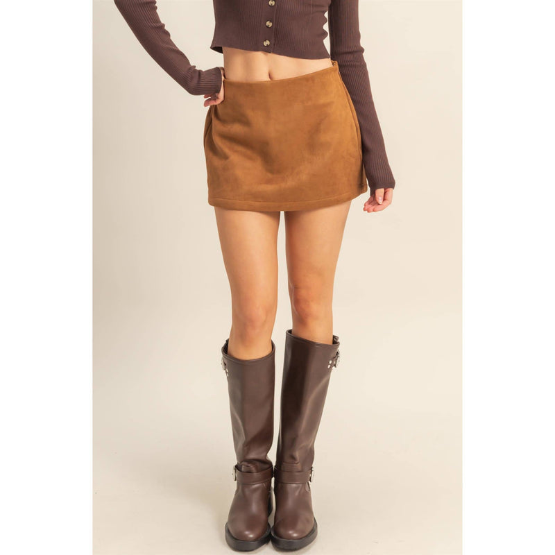 Camel High-Waisted Suede Skort