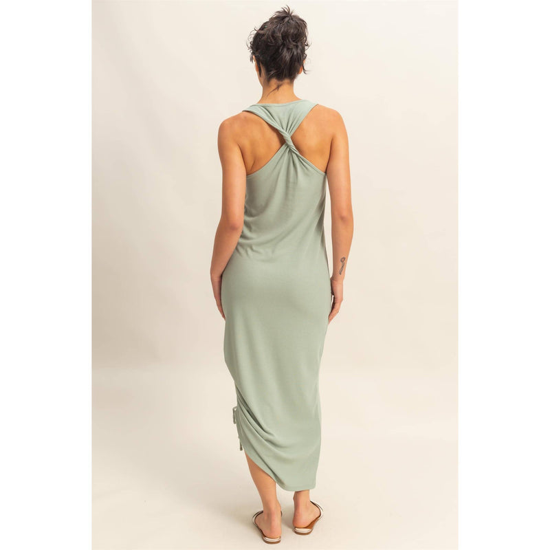 Sage Green Scoop Neck Side Tie Detail Midi Dress