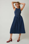 Smocked Polka Dot Denim Midi Dress