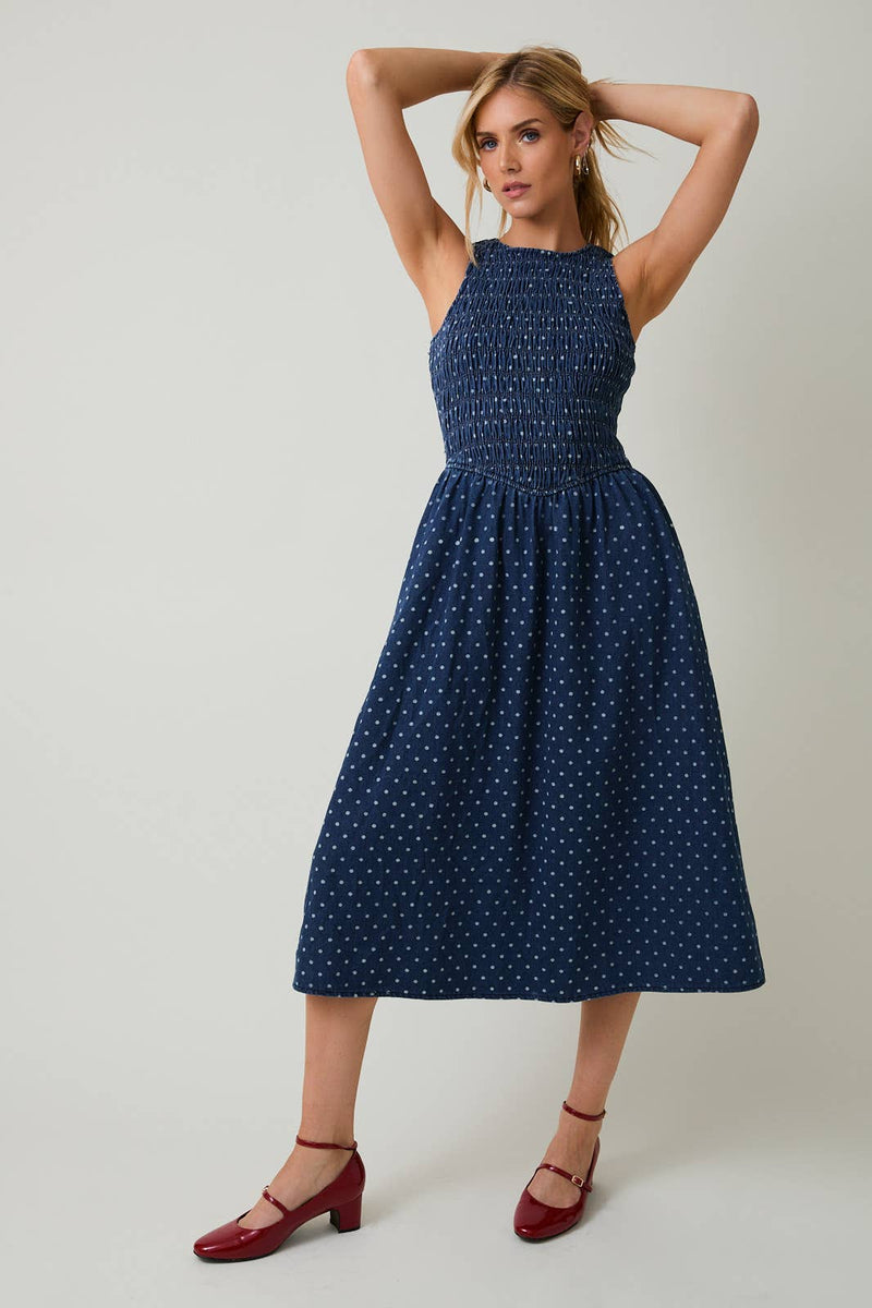 Smocked Polka Dot Denim Midi Dress