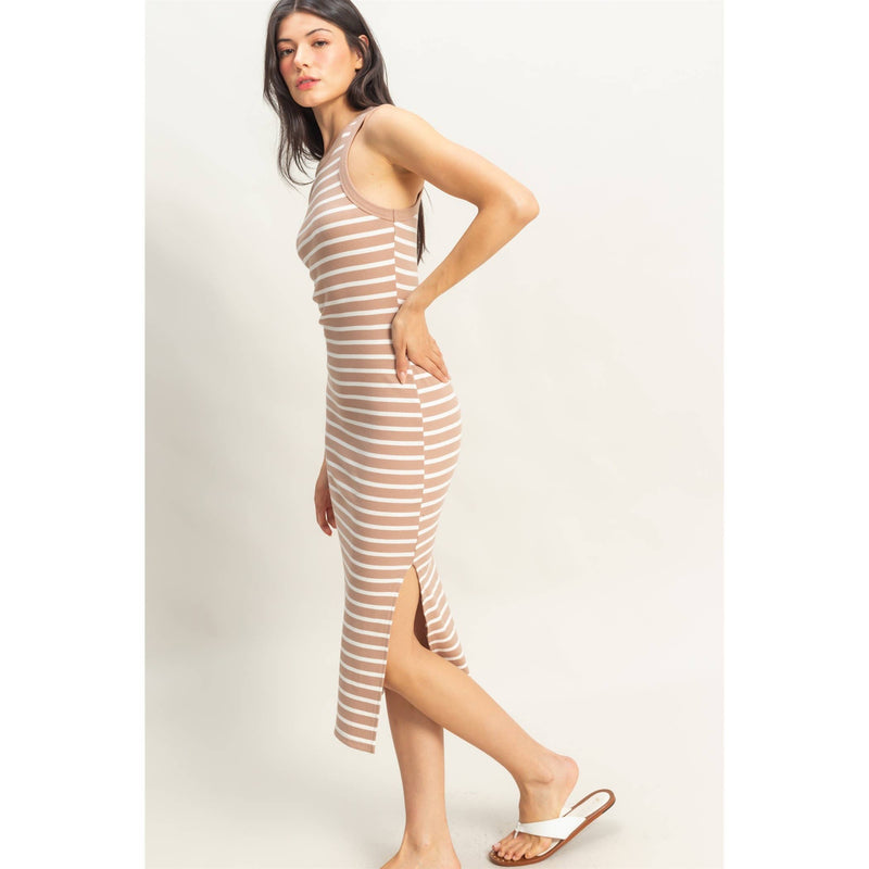 Taupe/White Striped Sleeveless Bodycon Midi Dress