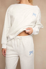 Off the Shoulder Grey Sweatshirt with Bow Embroidery (Sold Separately)