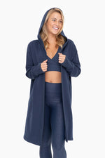 Navy Open Front Longline Hoodie Cardigan w/ Fleece