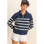 Navy/Cream Striped Half Zip Sweater