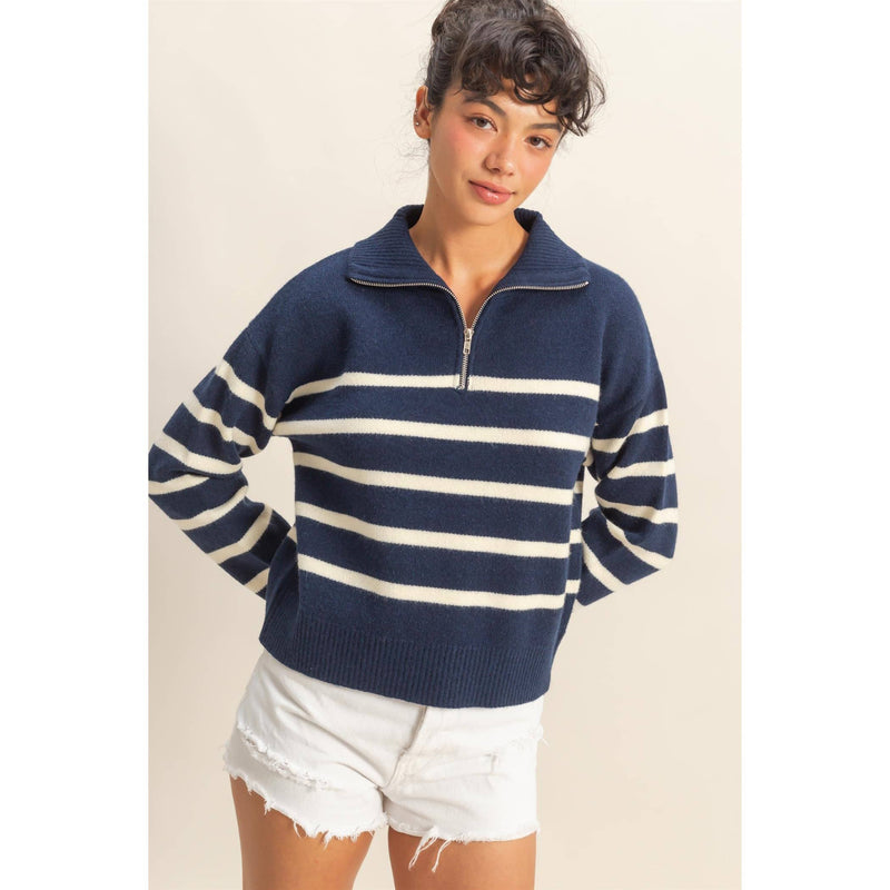 Navy/Cream Striped Half Zip Sweater