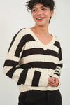 Leah Striped Cream/Black V-Neck Sweater