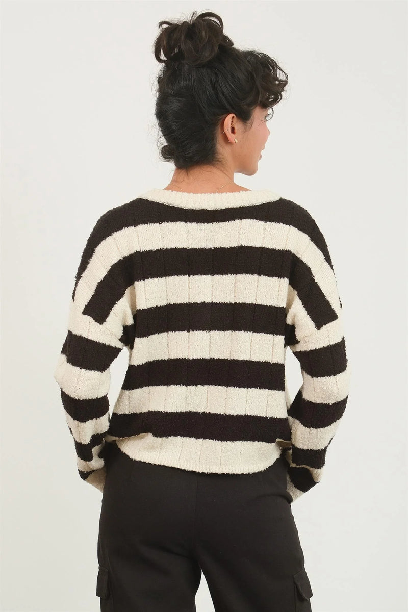 Leah Striped Cream/Black V-Neck Sweater