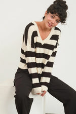 Leah Striped Cream/Black V-Neck Sweater