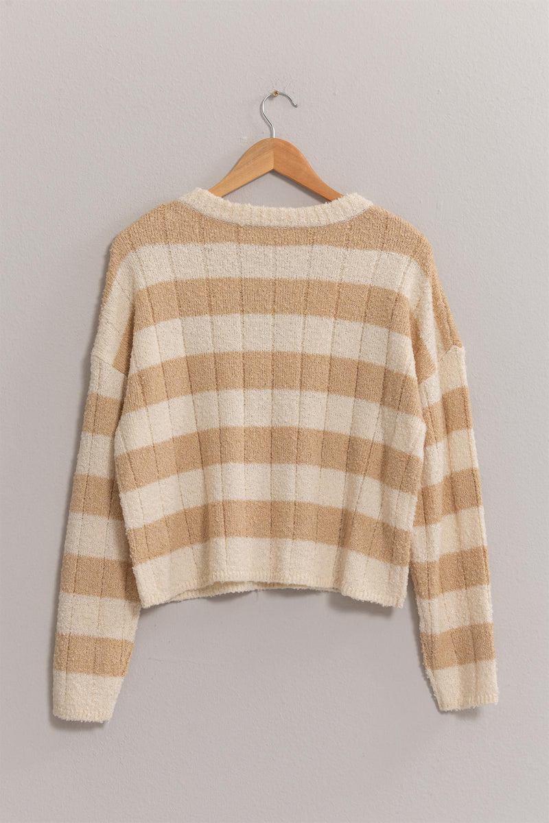 Leah Striped Cream/Taupe V-Neck Sweater