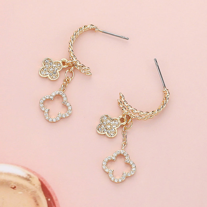 Quatrefoil Dangle Half Hoop Earrings | Gold or Silver