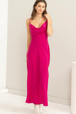 Fuchsia Criss Cross Back Cowl Neck Satin Midi Dress