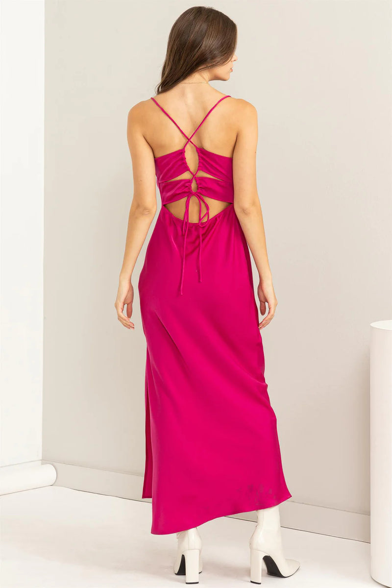 Fuchsia Criss Cross Back Cowl Neck Satin Midi Dress