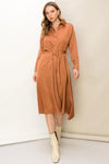 Champagne Brown Satin Belted Midi Dress